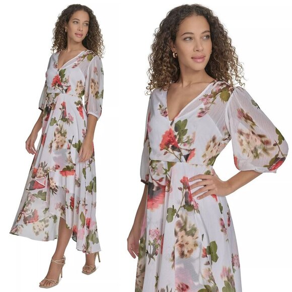 Calvin Klein Dresses & Skirts - Calvin Klein White Floral-print Faux-wrap Chiffon High-low Dress 4 41894